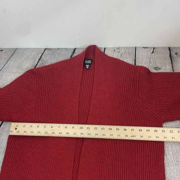 Eileen Fisher Open Front Ribbed Cardigan Sweater 100% Merino Wool Deep Red Med - Picture 12 of 13